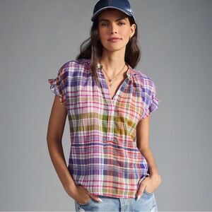 Anthropologie Pilcro Deep-V Short-Sleeve Blouse Multicolor Madras Plaid | Small
